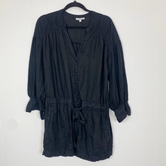 Joie Women's Black Long Sleeve 100% Linen Romper Bishop Sleeve Size Large - Picture 1 of 8